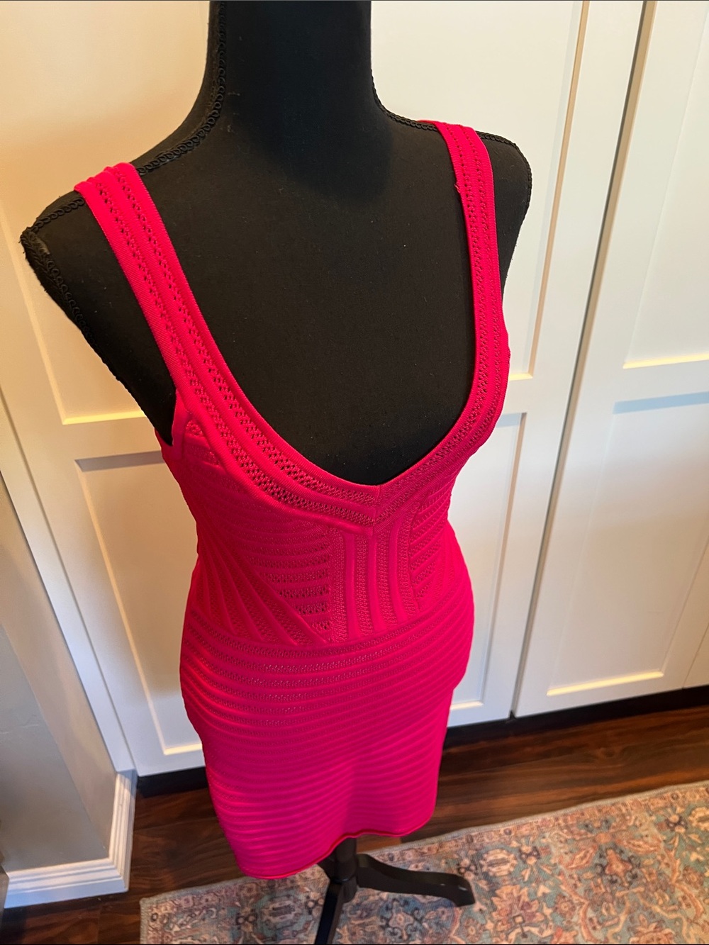 bebe Maeve Mesh Striped Bodycon Dress Pink Fuchsia Size Small - Picture 6 of 11